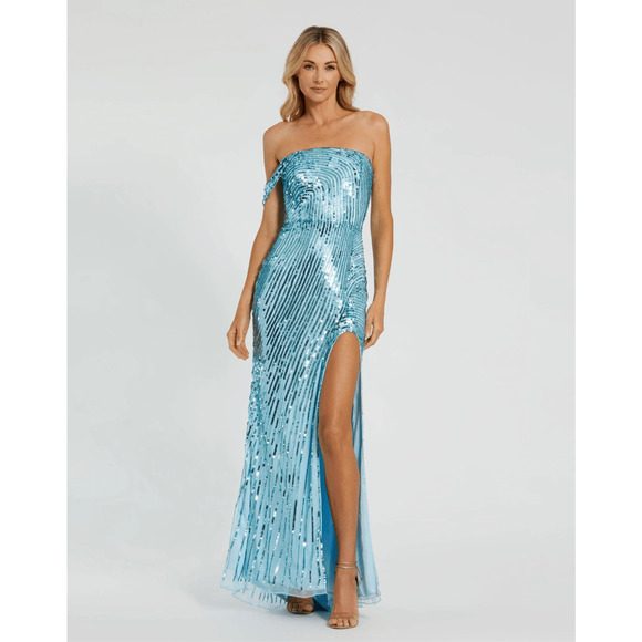Mac Duggal NWT One Shoulder Mesh Sequin Gown w/Slit in Aqua Size 2 - Picture 1 of 8